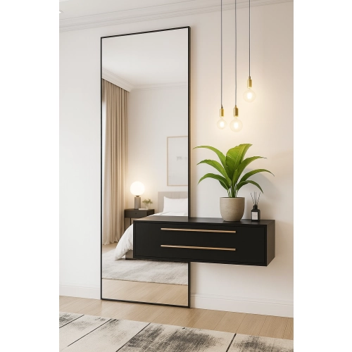 Lustro VERTICA LED – nowoczesne lustro z ramą i wycięciem na szafkę | lustro loftowe z podświetleniem | lustro do przedpokoju lub sypialni